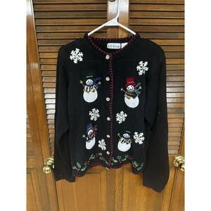 B.P. Design Women's Beaded Christmas Cardigan Snowmen Sweater Long Sleeve Size L